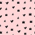 Cute seamless pattern with crowns, hearts and stars. Royalty Free Stock Photo