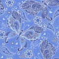 Cute seamless pattern with decorative butterflies and hearts and paisley in blue. Vintage flowers seamless ornament in blue Royalty Free Stock Photo