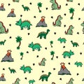 Cute seamless pattern with dinosaurs, palm trees, volcanoes and paw prints. Drawn by hand. Print for kids. Royalty Free Stock Photo