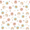 Cute seamless pattern with dogs portraits, bones, dog footprints. Shih tzu, yorkshire terrier, poodle illustrations. Cute dog Royalty Free Stock Photo