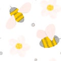 Cute seamless pattern with doodle bees and flowers. Hand drawn cartoon background for baby goods, cards, beekeeping