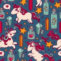 Cute seamless pattern with doodle unicorns, magic crystals and flasks Royalty Free Stock Photo