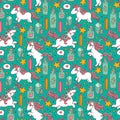 Cute seamless pattern with doodle unicorns, magic crystals and flasks Royalty Free Stock Photo