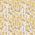 Cute seamless pattern with doodle unicorns, magic crystals and flasks Royalty Free Stock Photo