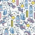 Cute seamless pattern with doodle unicorns, magic crystals and flasks Royalty Free Stock Photo