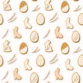 Cute seamless pattern with Easter cookies in the form of eggs and bunny and willow. Vector illustration in pastel colors