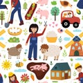 Cute seamless pattern with farm animals and kids farmers Royalty Free Stock Photo