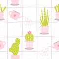 Cute seamless pattern with flower in pot on white background. Floral vector illustration with hand drawn cactus in minimalistic Royalty Free Stock Photo