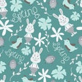 Cute seamless pattern with flowers, birds and bunnies. Vector spring background Royalty Free Stock Photo