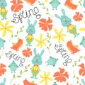 Cute seamless pattern with flowers, birds and bunnies. Vector spring background Royalty Free Stock Photo