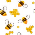 Cute seamless pattern with flying bees and honey bees. Vector illustration
