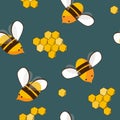 Cute seamless pattern with flying bees and honey bees. Vector illustration