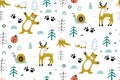 Cute seamless pattern with forest animals, with bear, deer, insects in the wood. forest elements and hand drawn shapes Royalty Free Stock Photo