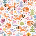 Cute Seamless Pattern With Foxes And Birds Among Flowers And Trees On White Background. Beautiful Vector Illustration For Children