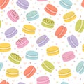 Cute seamless pattern with french macaroons. Hand drawn background with sweet delicious desserts. Fresh bakery