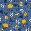 Cute seamless pattern with fresh juicy lemons and exotic tropical flowers Royalty Free Stock Photo