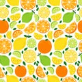 Cute Seamless Pattern with Fresh Lemonade ingredients Citrus Fruits Lemon, Lime and Orange in vivid tasty colors