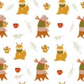 Cute Seamless Pattern With Funny Cute Bears, Teacups, Teapots And Umbrellas