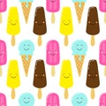 Cute seamless pattern with funny cartoon characters of ice cream with pink cheeks and winking eyes on white background Royalty Free Stock Photo