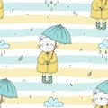 Cute seamless pattern with funny cat and umbrella. vector print