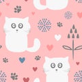 Cute seamless pattern with funny cats, flowers, hearts and paw prints. Royalty Free Stock Photo