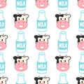 Cute seamless pattern with funny cow and bottle of milk. Royalty Free Stock Photo