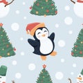 Cute seamless pattern funny Penguin in a red hat, Snowman with a scarf and a bucket on his head, Spruce with decorations Royalty Free Stock Photo