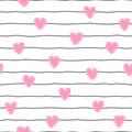 Cute seamless pattern. Girl background with pink heart and stripes. Repeated kid cartoon texture. Repeating hand drawn baby patern