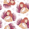 Cute seamless pattern with a girl petting a cat