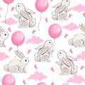 Cute seamless pattern with hares and balloons on white background. Royalty Free Stock Photo