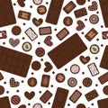 Cute seamless pattern with hand drawn chocolate candies and bars. Cartoon sweet background. Assorted of sweetmeat. Food desserts