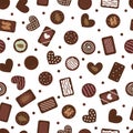 Cute seamless pattern with hand drawn chocolate candies. Cartoon sweet background. Assorted of sweetmeat. Food desserts