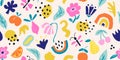 Cute seamless pattern with hand-drawn details.Modern background with flowers, fruits and butterflies for your design