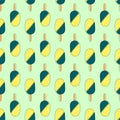 Cute seamless pattern with hand drawn doodle lemon ice cream with waffles on green background for fabric, posters, wallpaper.