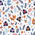 Cute seamless pattern with hand drawn flowers and berries. Floral colorful background Royalty Free Stock Photo