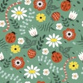 Cute seamless pattern with hand drawn flowers, herbs and ladybirds in green  tones Royalty Free Stock Photo