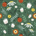 cute seamless pattern with hand drawn flowers, herbs and ladybirds in green tones Royalty Free Stock Photo