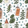 Cute seamless pattern with hand drawn Houses and Christmas trees. Vector doodle forest repeat paper, graphic tree illustration. Royalty Free Stock Photo