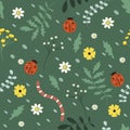 Cute seamless pattern with hand drawn neadow  flowers, herbs and ladybirds in green tones. Royalty Free Stock Photo