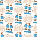 Cute seamless pattern with hand drawn sketchy tea and coffee cups, hearts and Good morning lettering