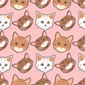 Cute seamless pattern with hand drawn various cat faces on pink background. pattern for printing on fabric, wrapping paper, clothi