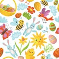 Cute seamless pattern of Happy Easter in kid\'s cartoon flat. Ornamental eggs, basket with eggs, blue rabbit, butterfly, bir Royalty Free Stock Photo