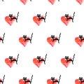 Cute seamless pattern with hearts and cats. Romantic texture for backgrounds, wrapping paper, packaging, greeting cards, prints,