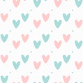 Cute seamless pattern with hearts and polka dot. Romantic print. White, pink, blue.