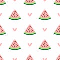 Cute seamless pattern with hearts and watermelon slices. Simple girly print.