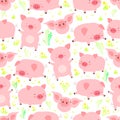 Cute seamless pattern with heerful little fun pigs, in various poses, on the floral glade, isolated white background