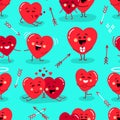 Cute seamless pattern of holiday Valentines day funny cartoon characters of emoji hearts