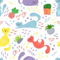 Cute seamless pattern with house plants, cats and doodles. Flowers in a pots. Hygge home. Vector background design