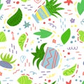 Cute seamless pattern with house plants and doodles. Flowers in a pots. Hygge home. Vector background design