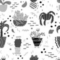 Cute seamless pattern with house plants and doodles. Flowers in a pots. Hygge home. Vector background design